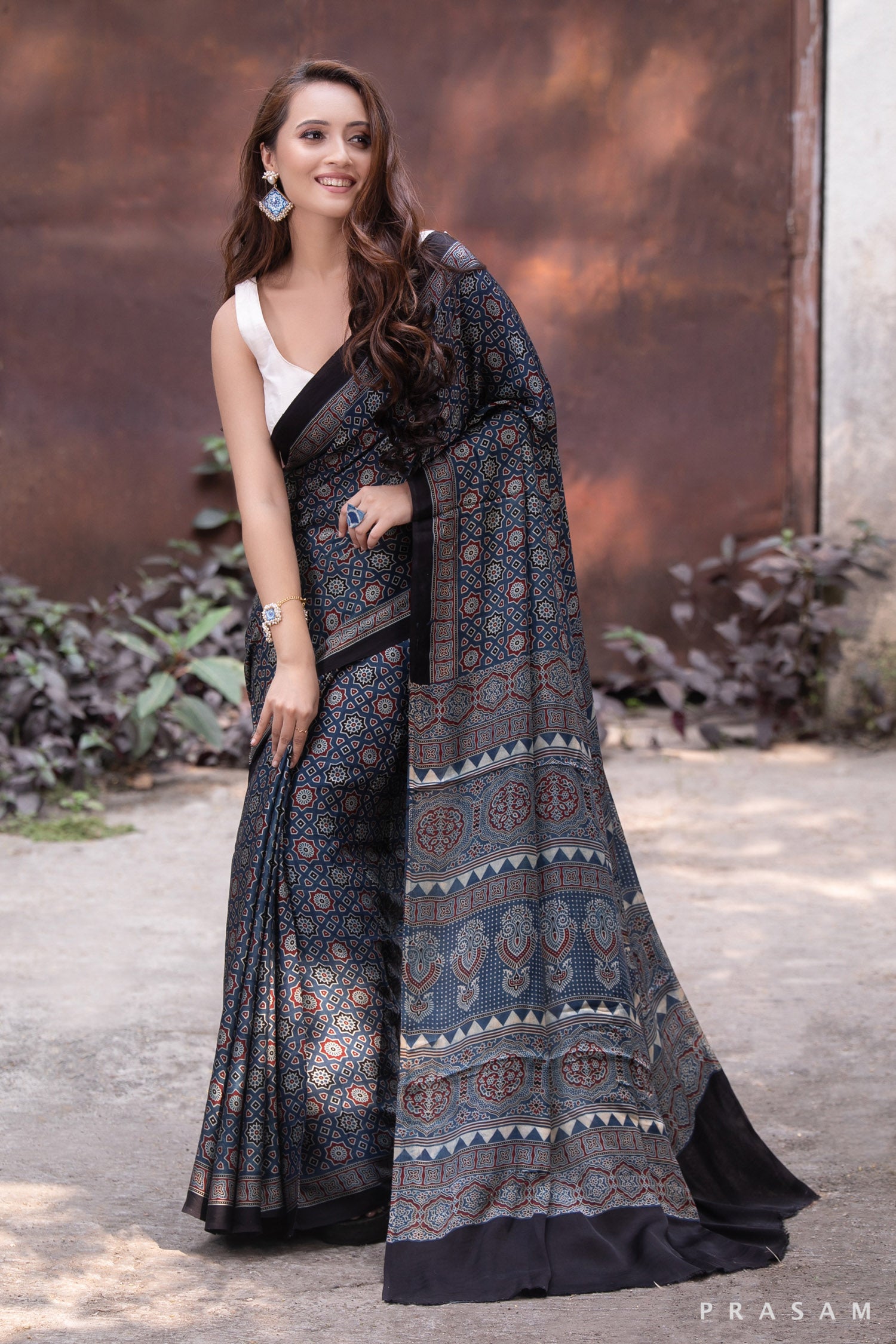 Mystic nightfall-Ajrakh Modal Silk Saree Prasam Crafts