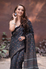 Mystic nightfall-Ajrakh Modal Silk Saree Prasam Crafts