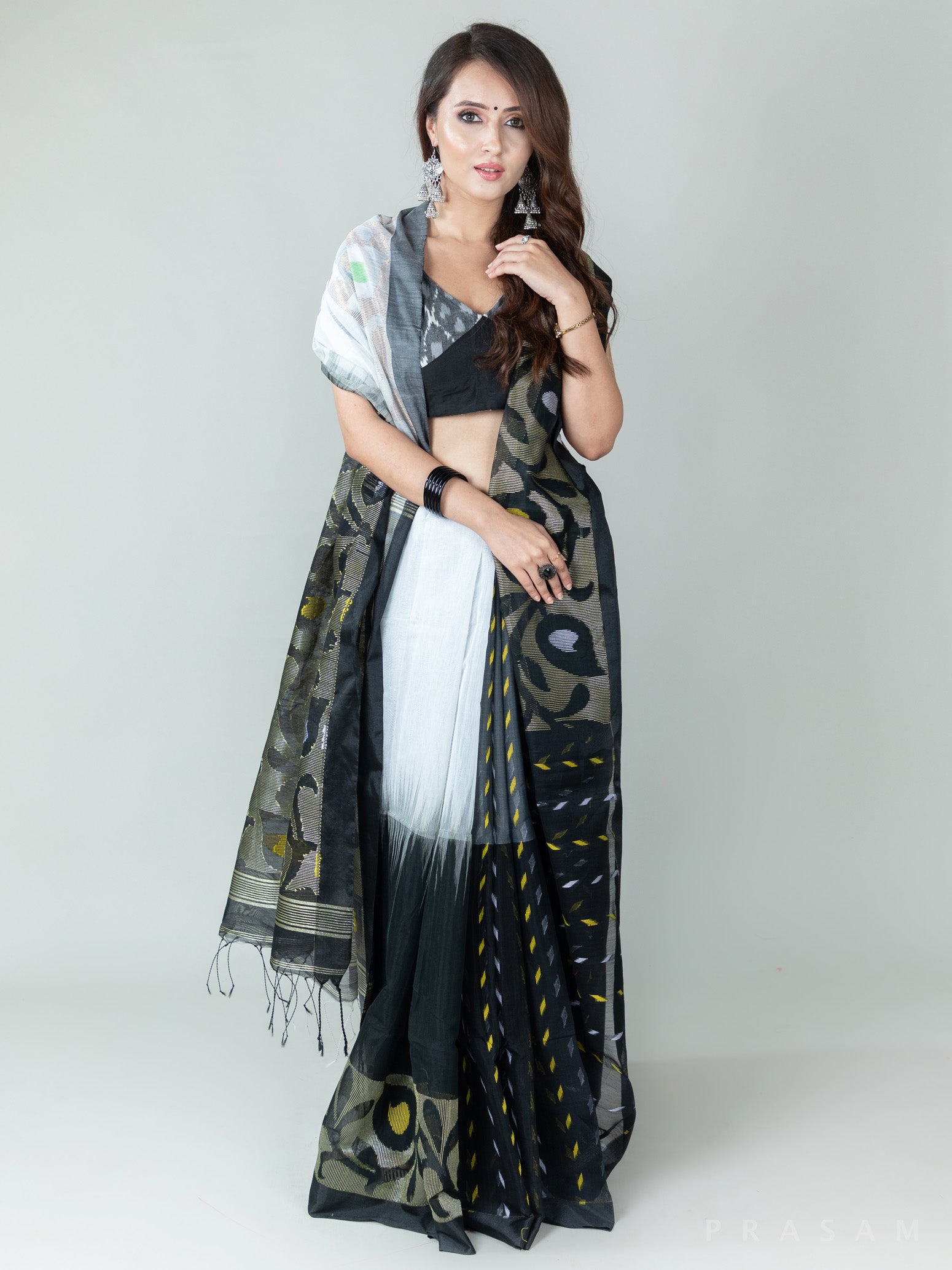 Bold Cloud-Silk Cotton Jamdani Weave Saree PrasamCrafts