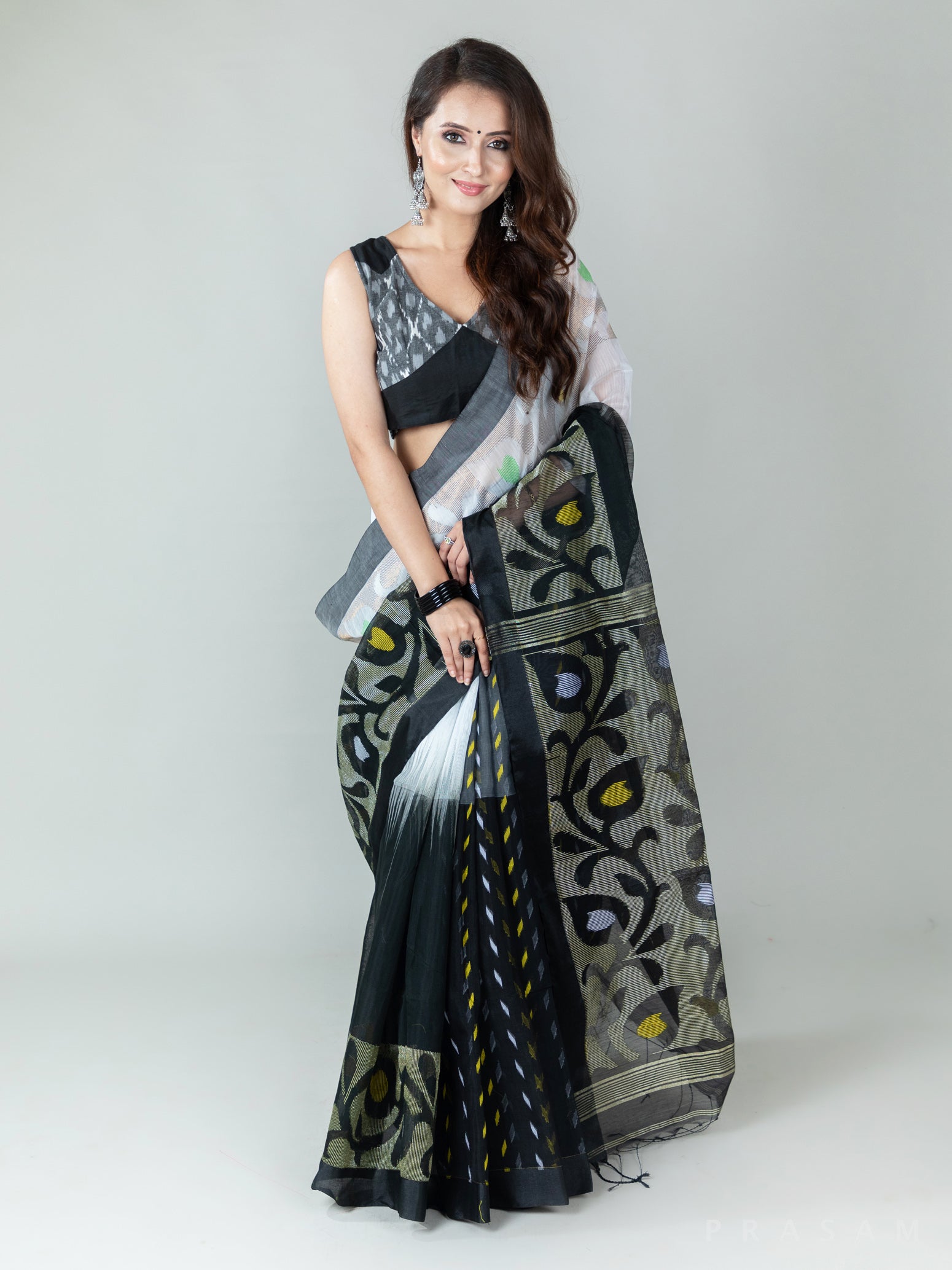 Bold Cloud-Silk Cotton Jamdani Weave Saree PrasamCrafts