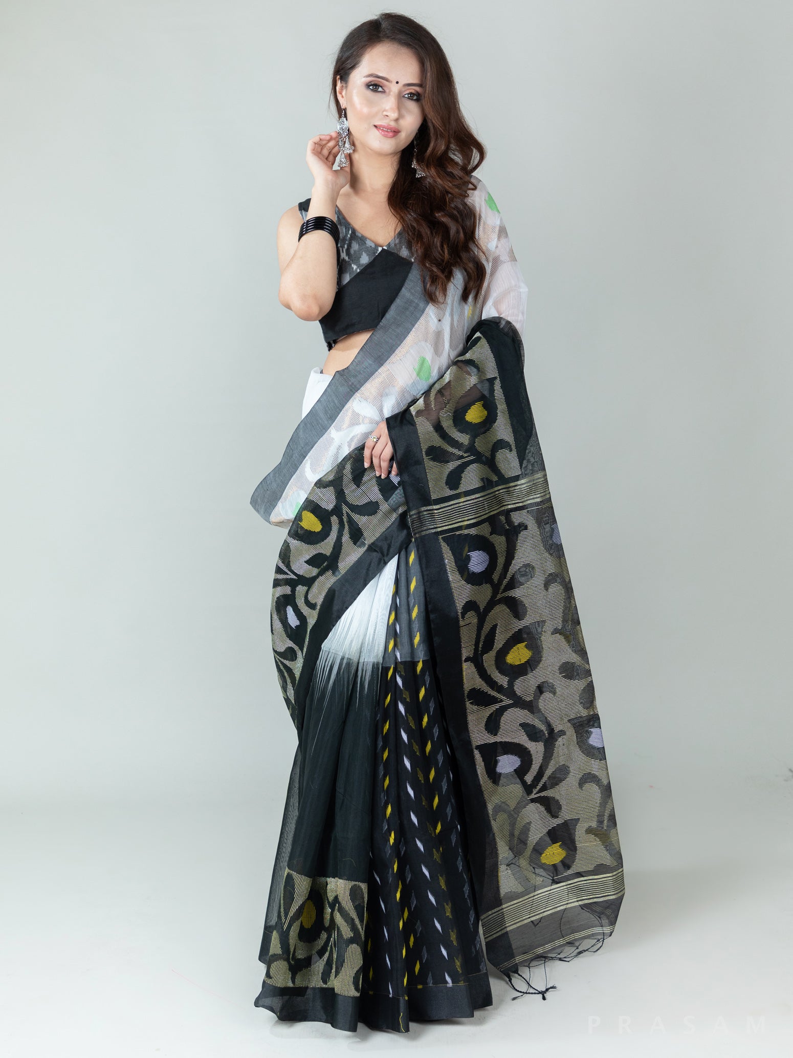 Bold Cloud-Silk Cotton Jamdani Weave Saree PrasamCrafts