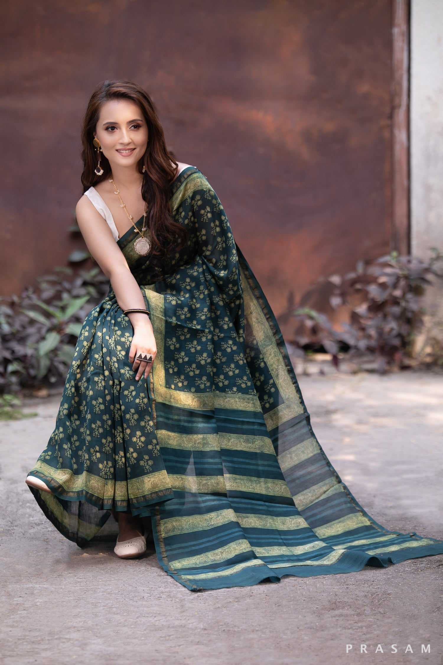 Elfin Flora-Natural Dye Block Print Chanderi Saree Prasam Crafts