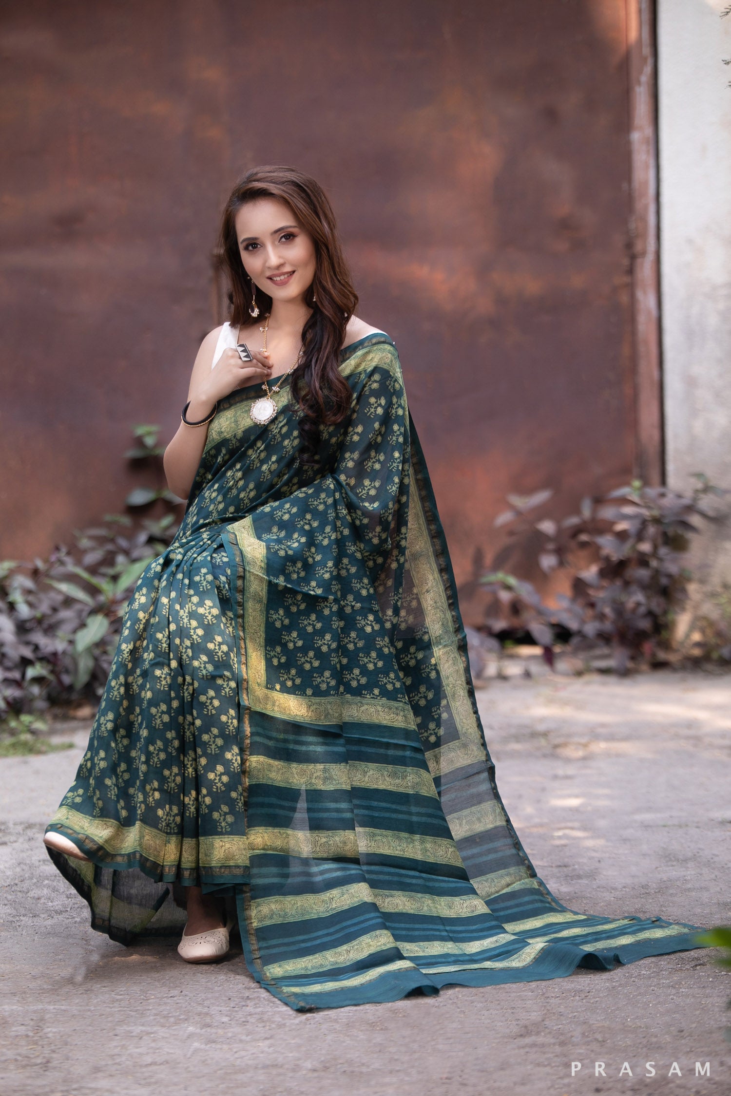 Elfin Flora-Natural Dye Block Print Chanderi Saree Prasam Crafts