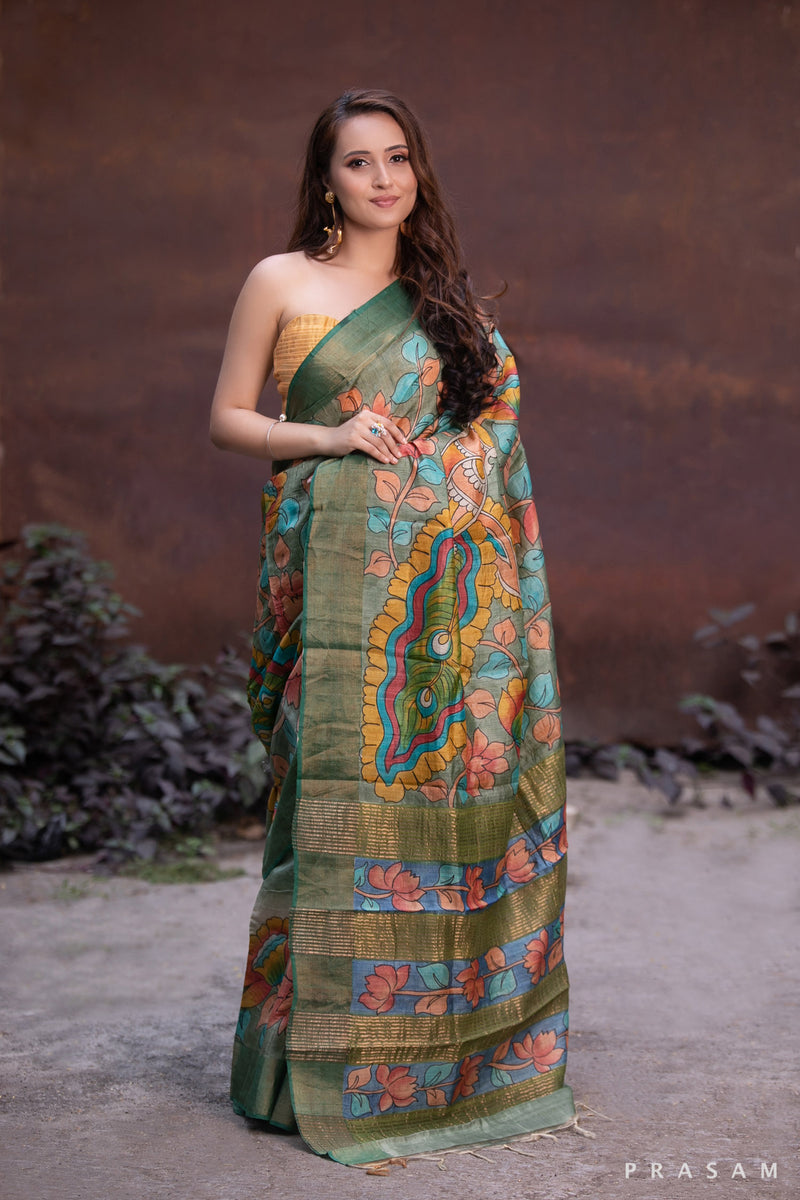 Elaborate Bloom-Kalamkari Pure Tassar Silk Saree Prasam Crafts