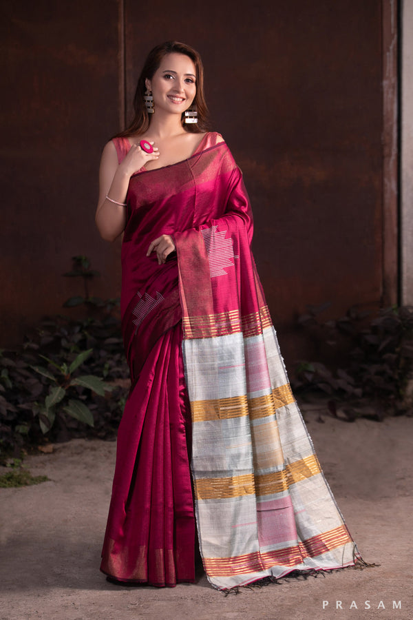 Ruby Clad-Pure Tassar Silk Handwoven Saree Prasam Crafts