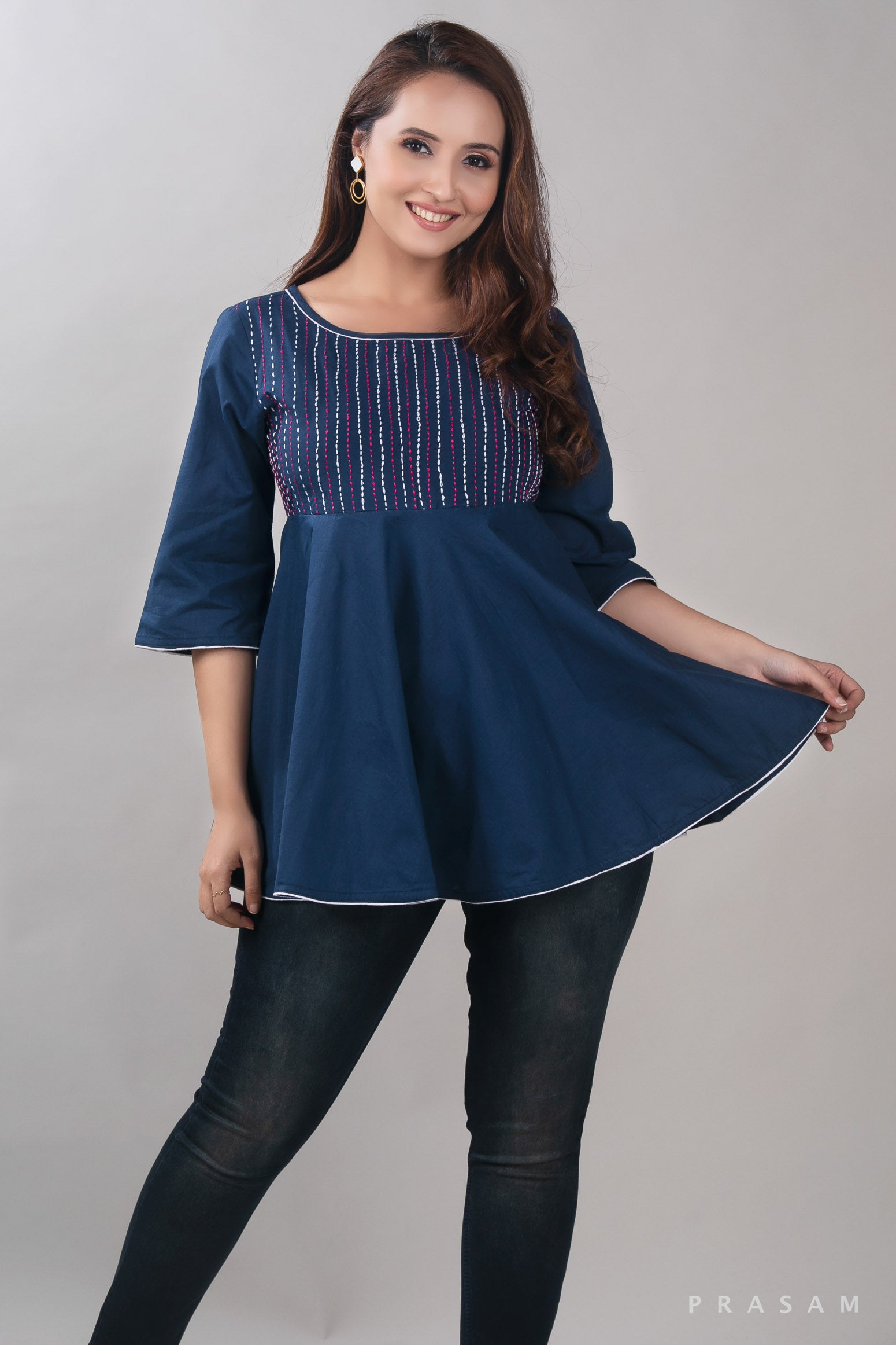 Navy Kantha stitch embroided cotton top