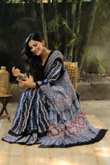 Blue Black Riddle Ajrakh Modal Silk Saree Prasam Crafts
