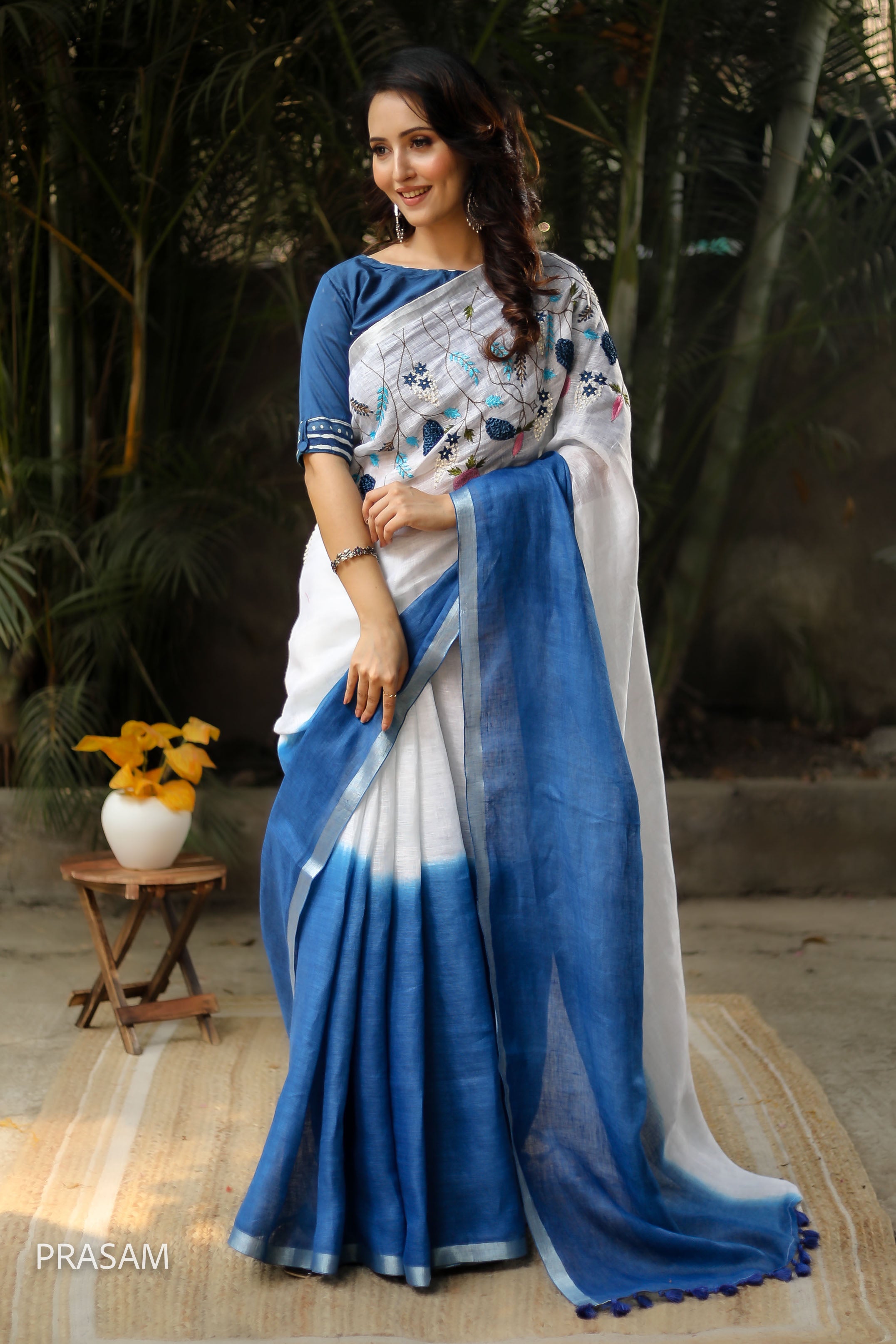 Blue Dip French Knot Linen Hand Embroidery Saree Prasam Crafts