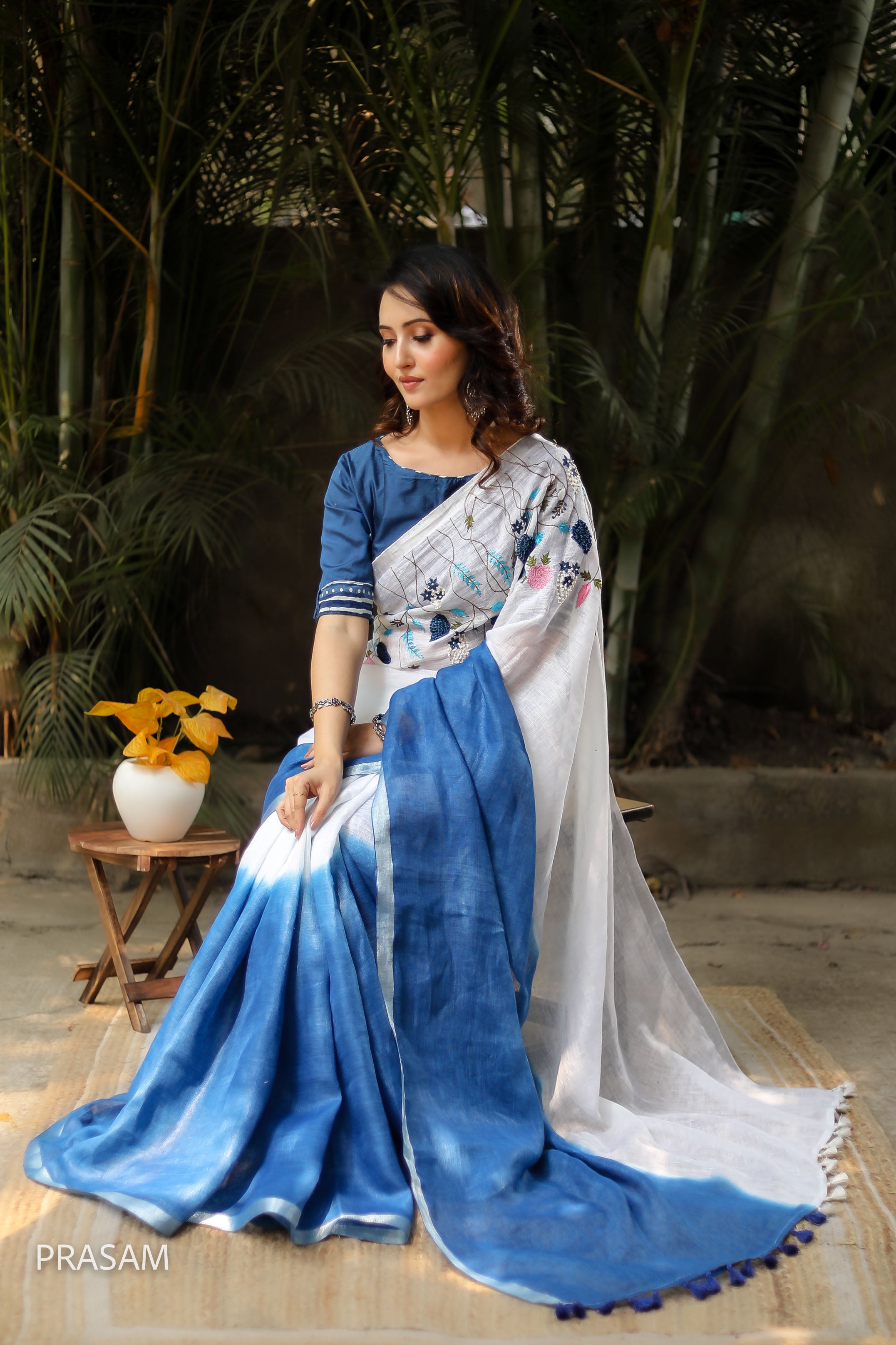 Blue Dip French Knot Linen Hand Embroidery Saree Prasam Crafts