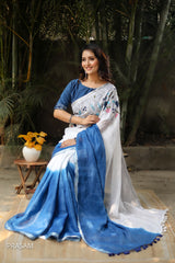 Blue Dip French Knot Linen Hand Embroidery Saree Prasam Crafts