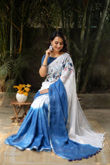 Blue Dip French Knot Linen Hand Embroidery Saree Prasam Crafts