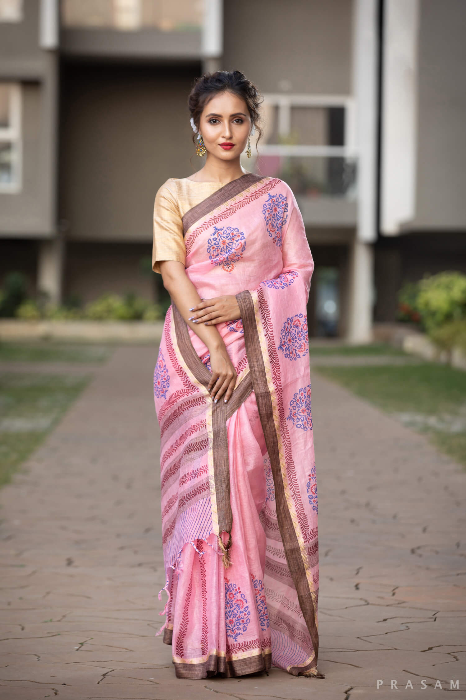 Pink And Blue Tunes Linen Handblock print Saree Prasamcrafts Handcrafted Festive Workwear Dailywear