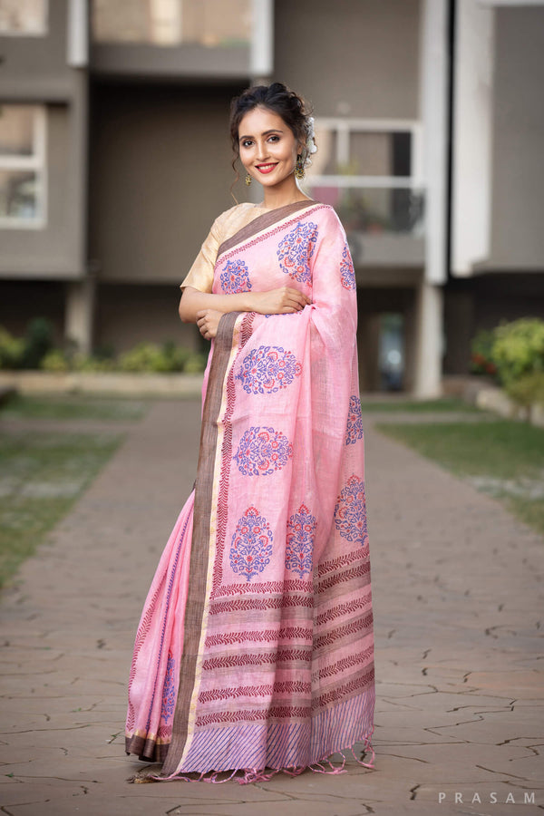 Pink And Blue Tunes Linen Handblock print Saree Prasamcrafts Handcrafted Festive Workwear Dailywear