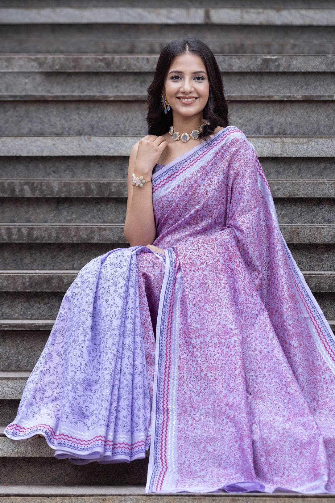 Cottage Landscape - Chanderi Block Print Saree Prasam Crafts