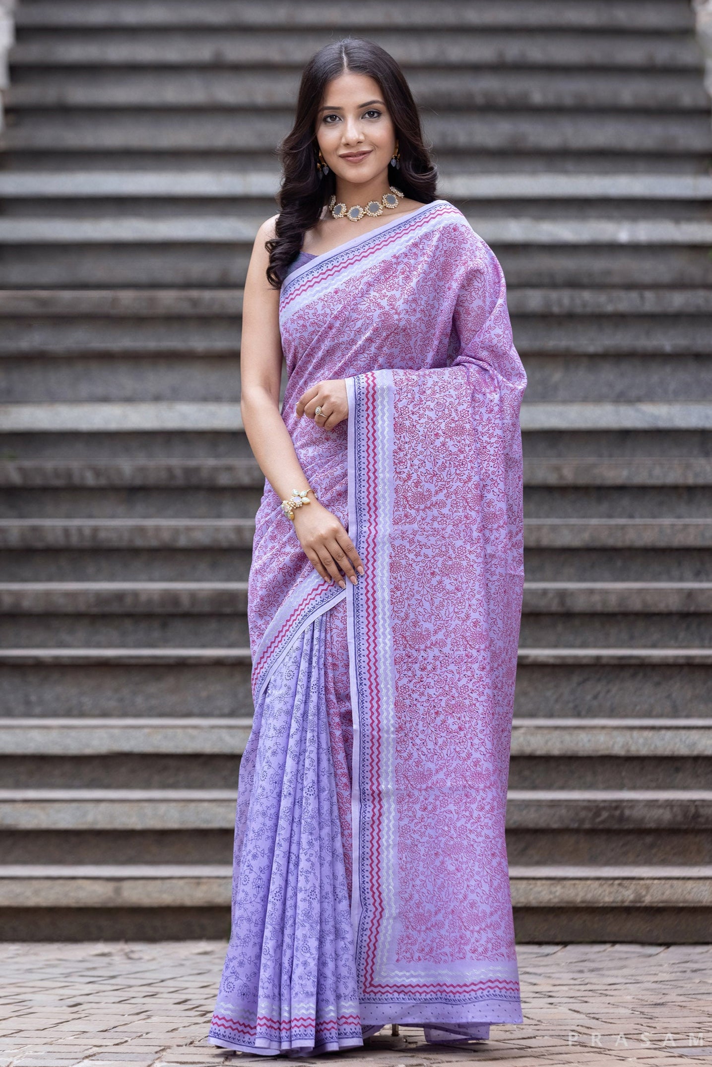 Cottage Landscape - Chanderi Block Print Saree Prasam Crafts