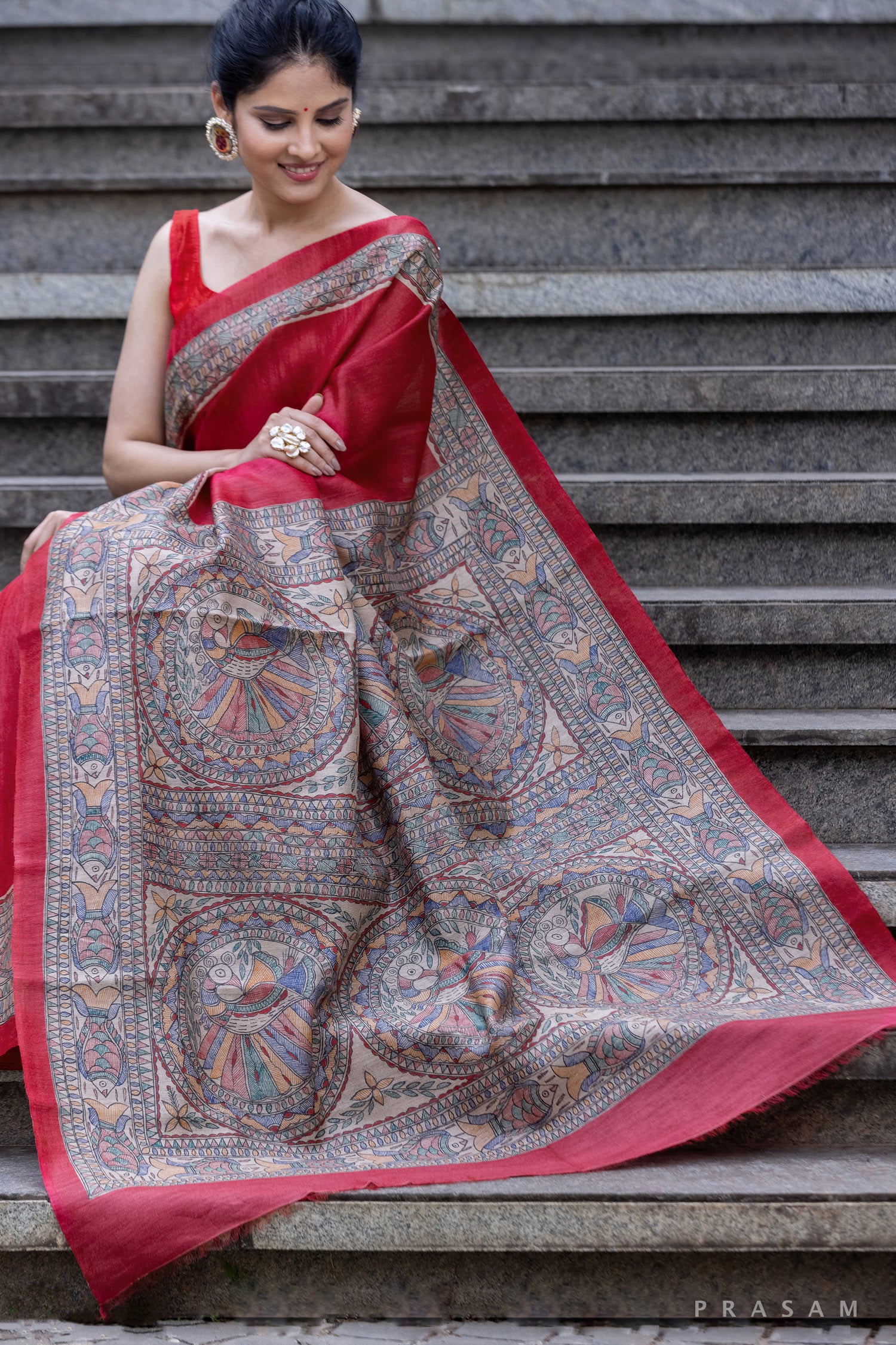 Refined Floral Flea-Tassar Madhubani hand Painting Saree