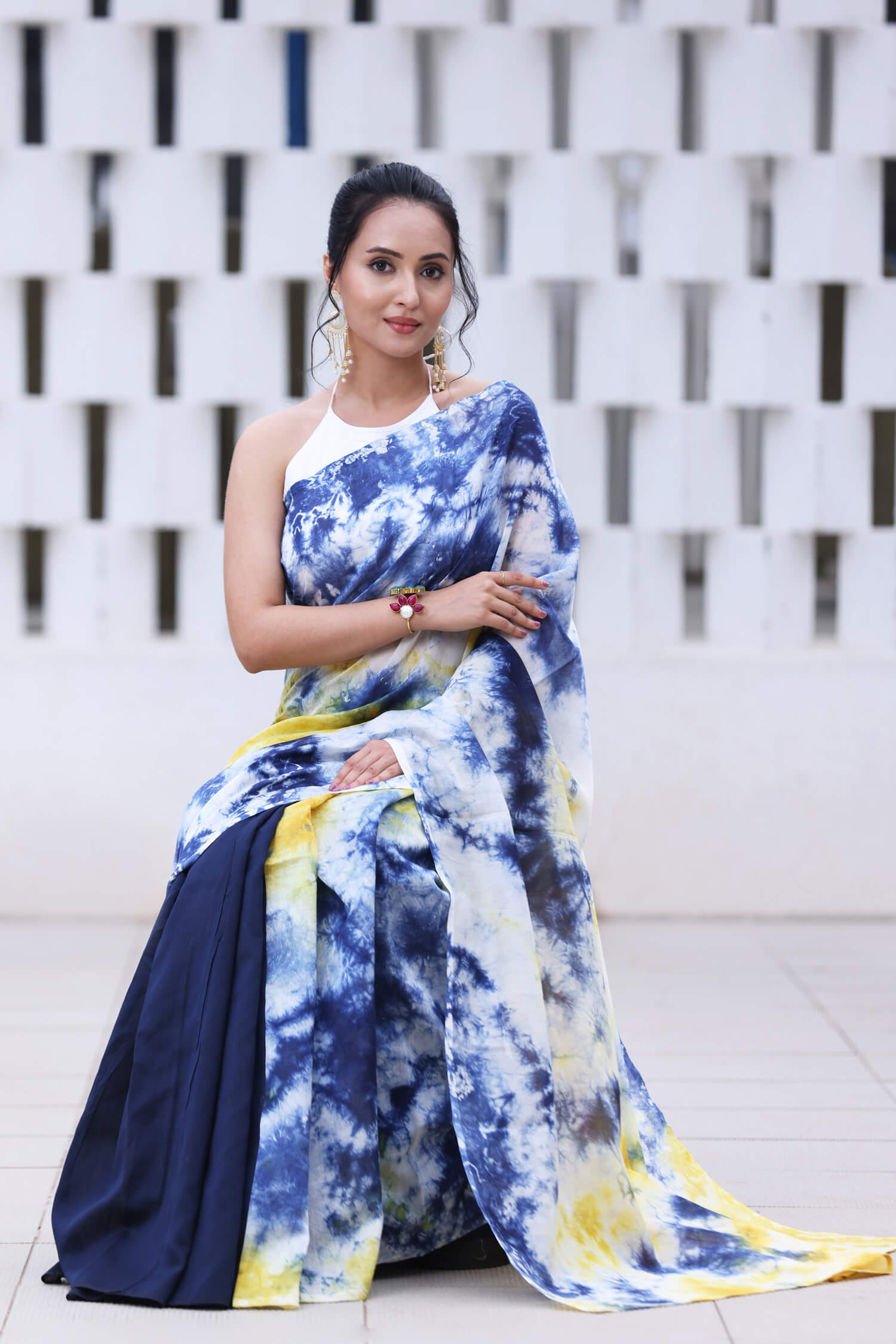 Skyful storm cloud Chanderi Tie Dye Saree Prasam Crafts