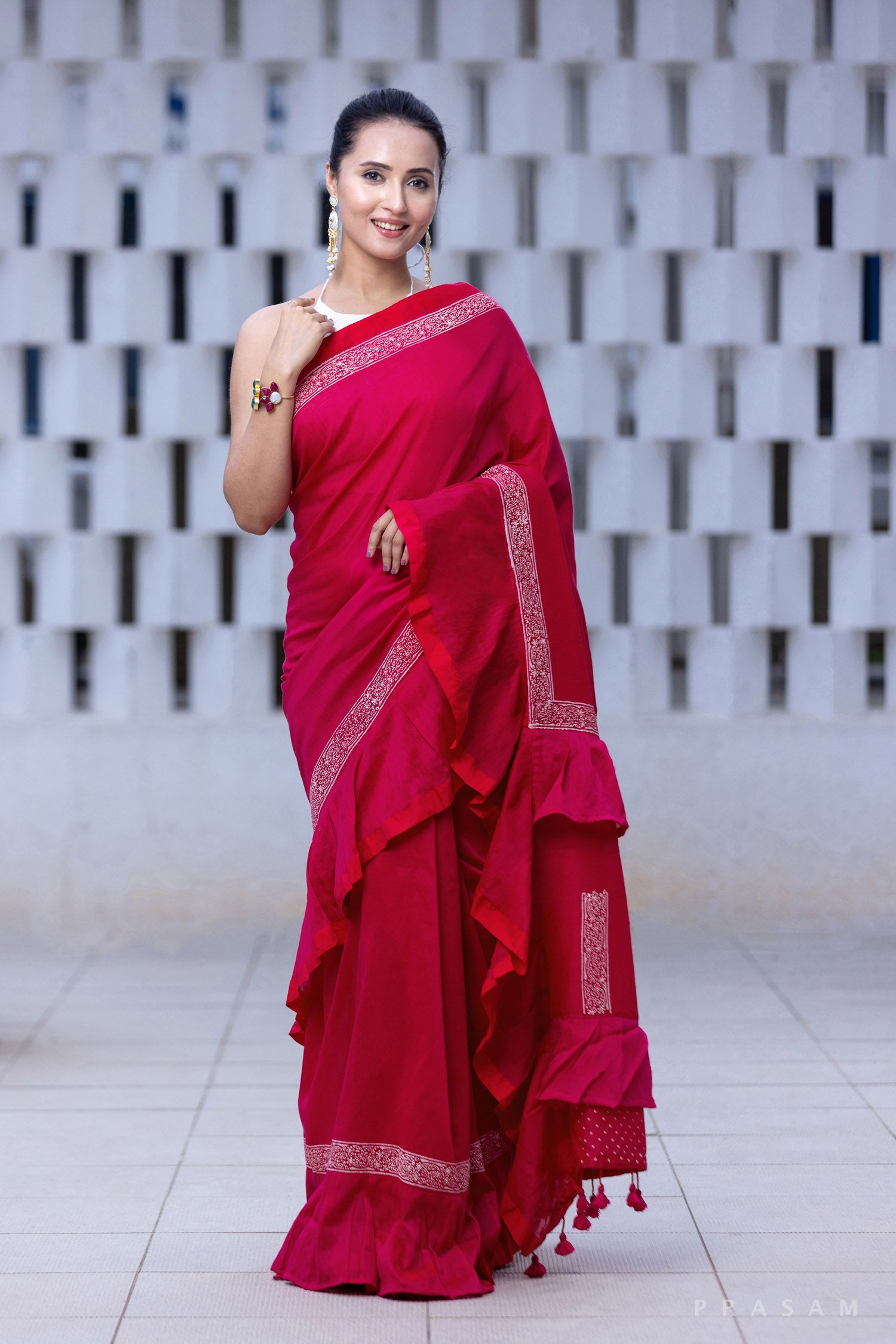 Sew in Ruffles-Cotton Block Print Saree Prasam Crafts