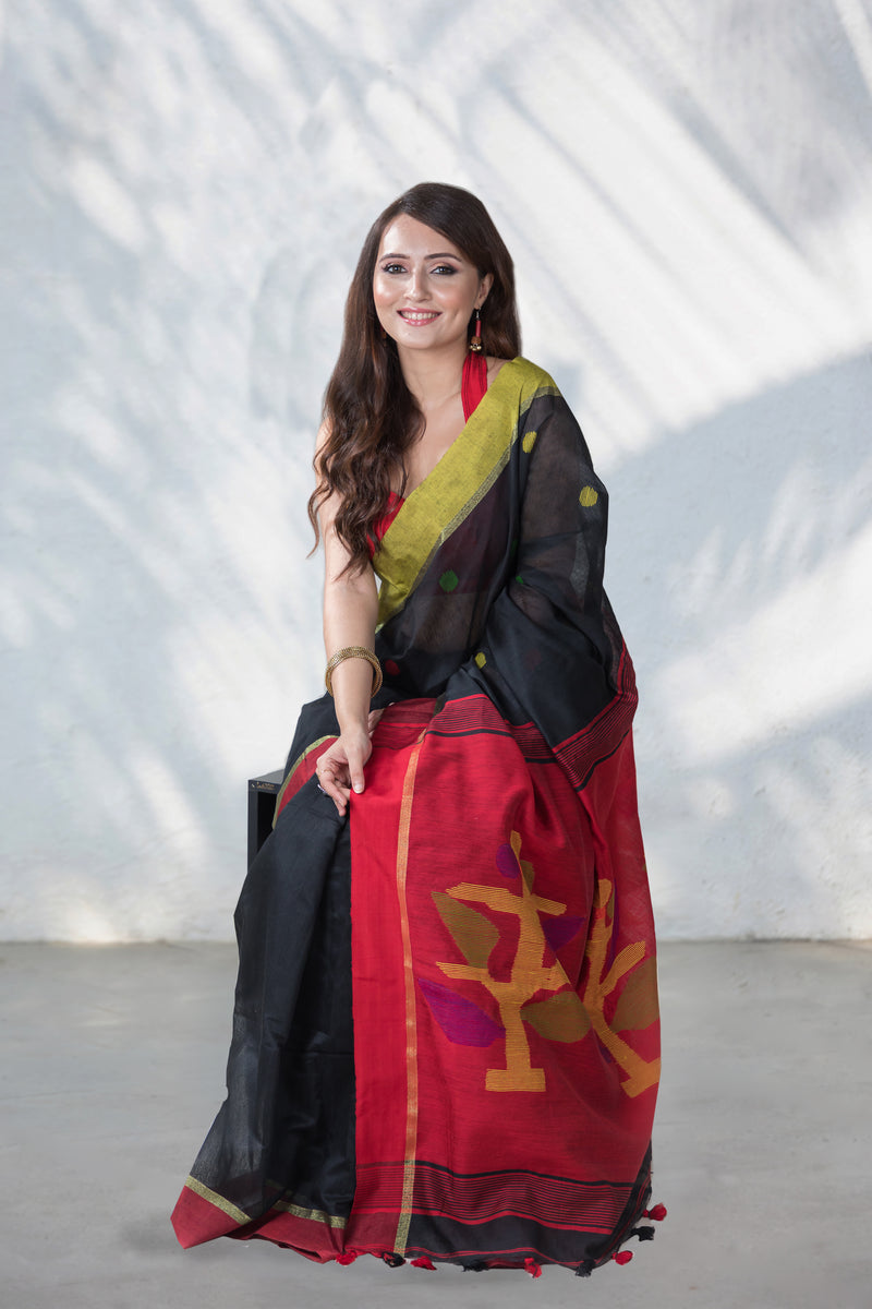 Power Turn-Art Silk Jamdani Weave Saree Prasam Crafts