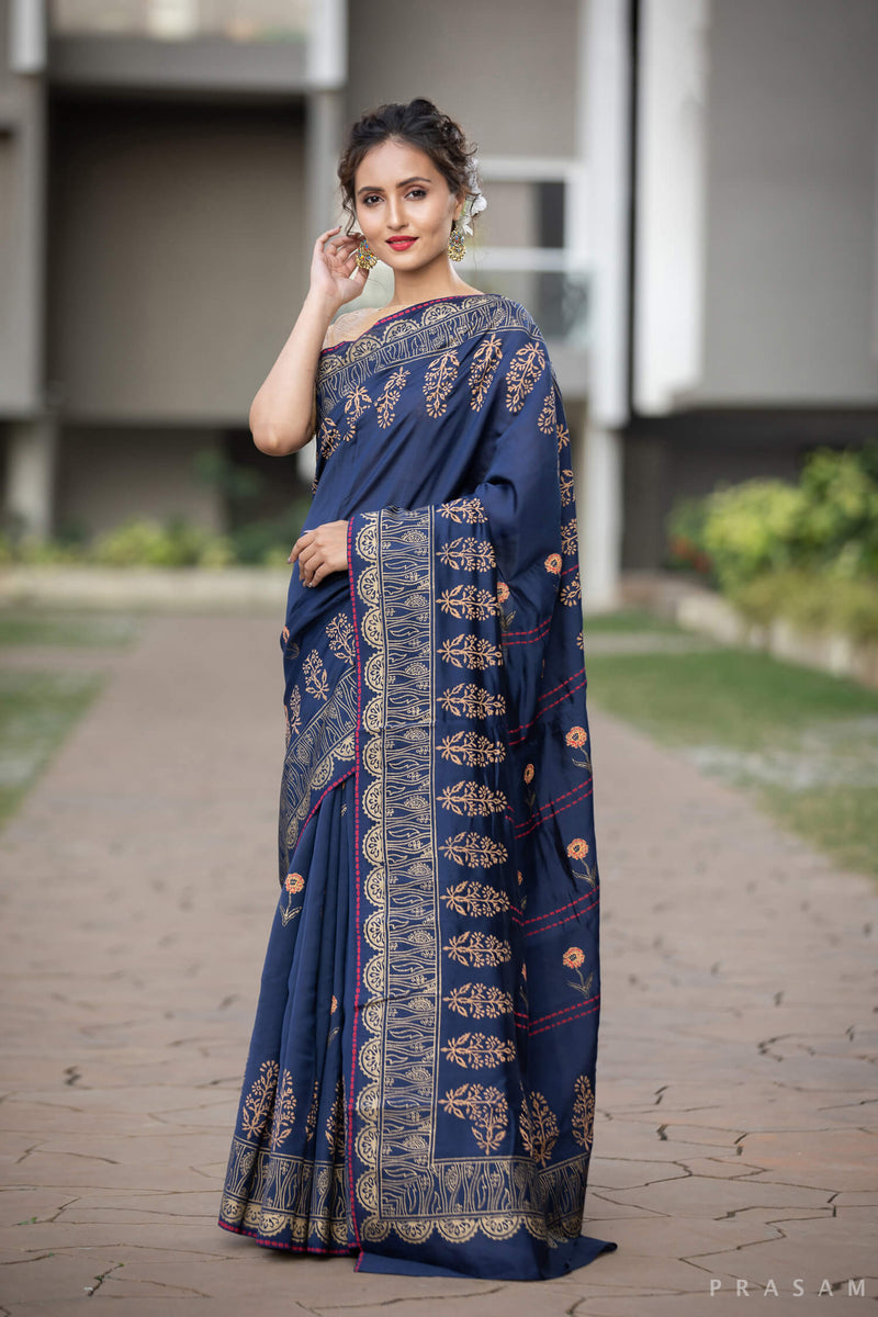 Sapphire Star Bust Silk Modal handblock print Saree Prasamcrafts Handcrafted Festivewear