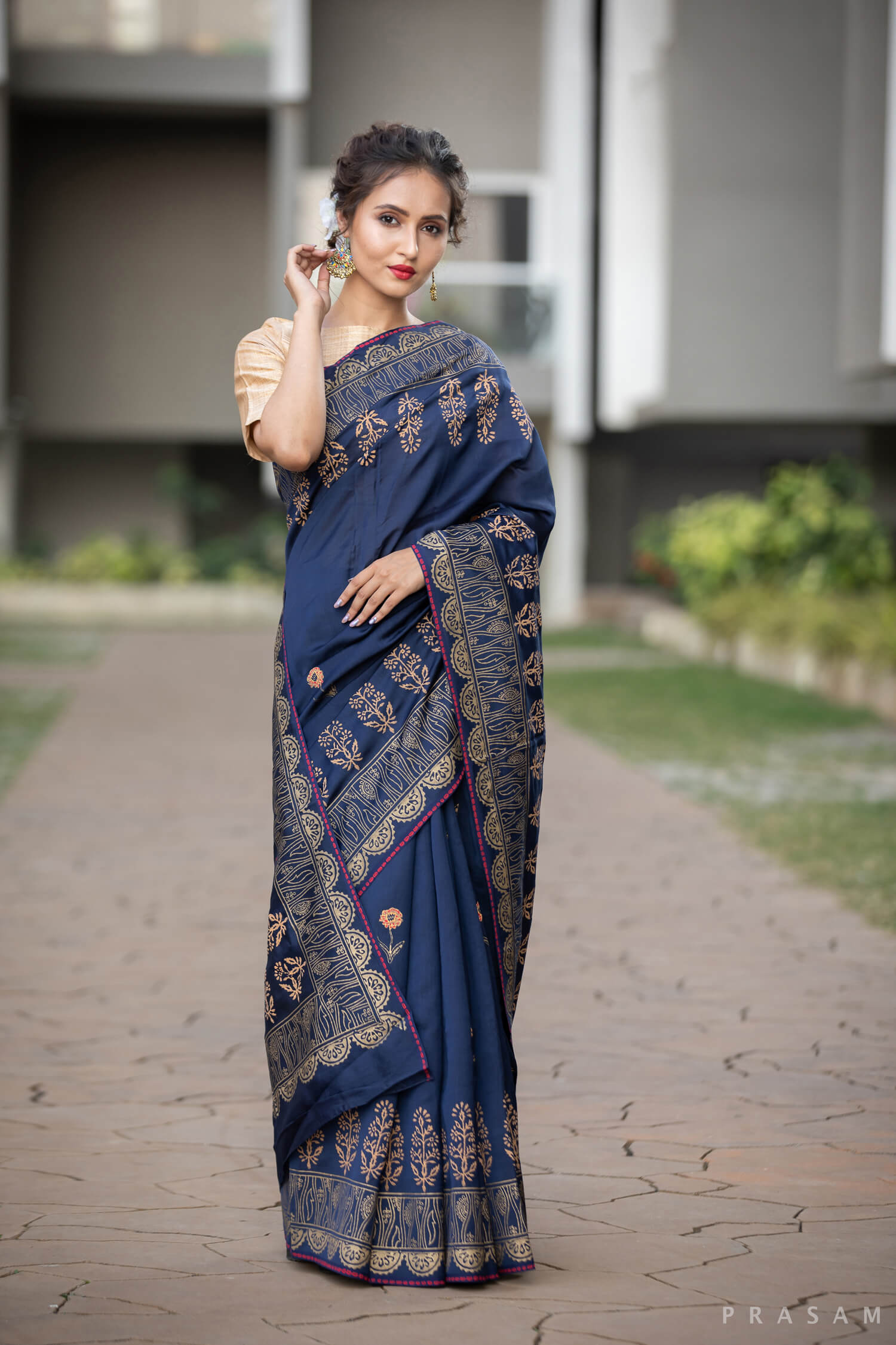 Sapphire Star Bust Silk Modal handblock print Saree Prasamcrafts Handcrafted Festivewear