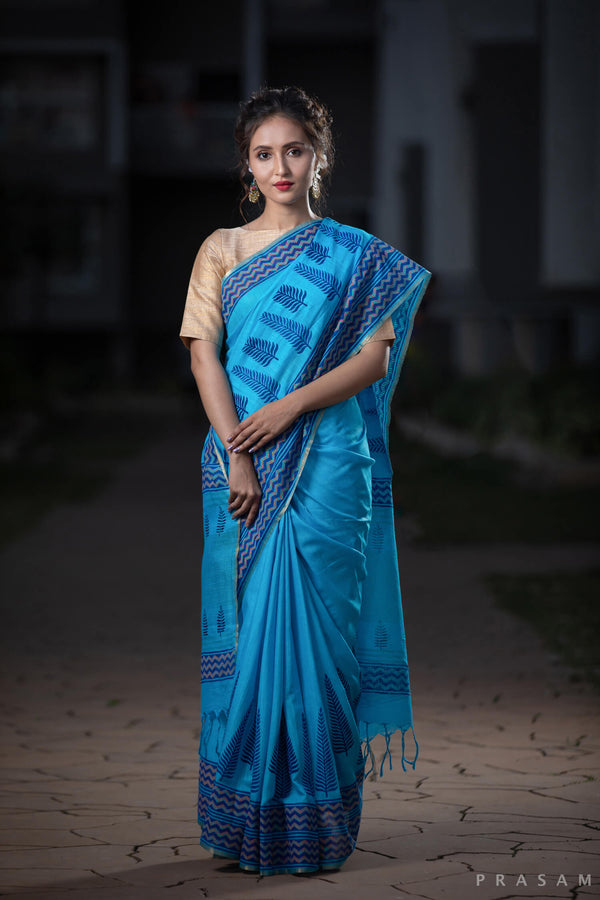 Seaside Blue Cotton handblock print Saree Prasamcrafts Handcrafted Festive Workwear Dailywear