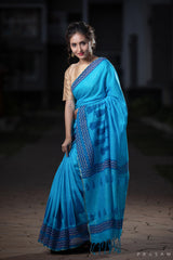 Seaside Blue Cotton handblock print Saree Prasamcrafts Handcrafted Festive Workwear Dailywear
