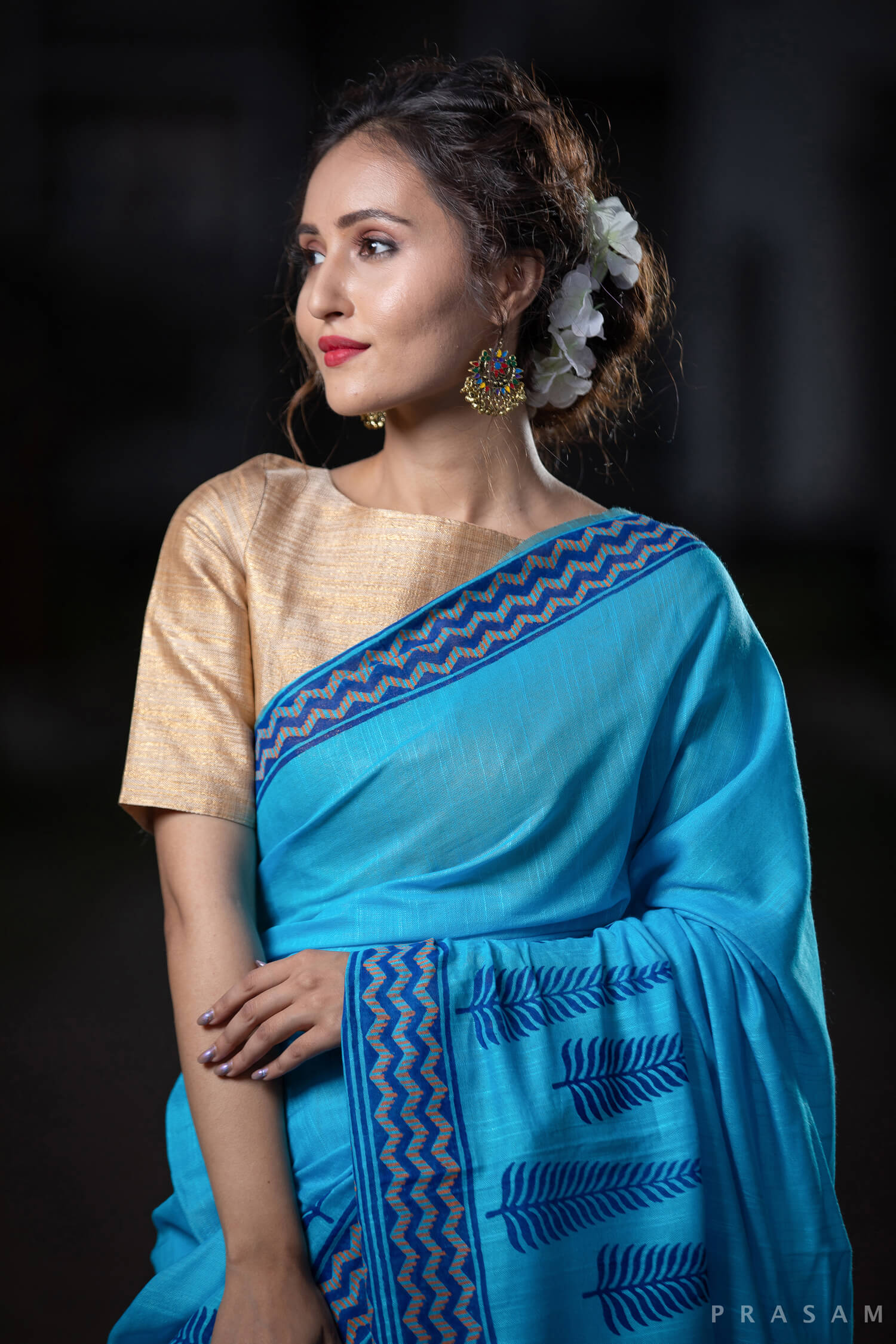 Seaside Blue Cotton handblock print Saree Prasamcrafts Handcrafted Festive Workwear Dailywear