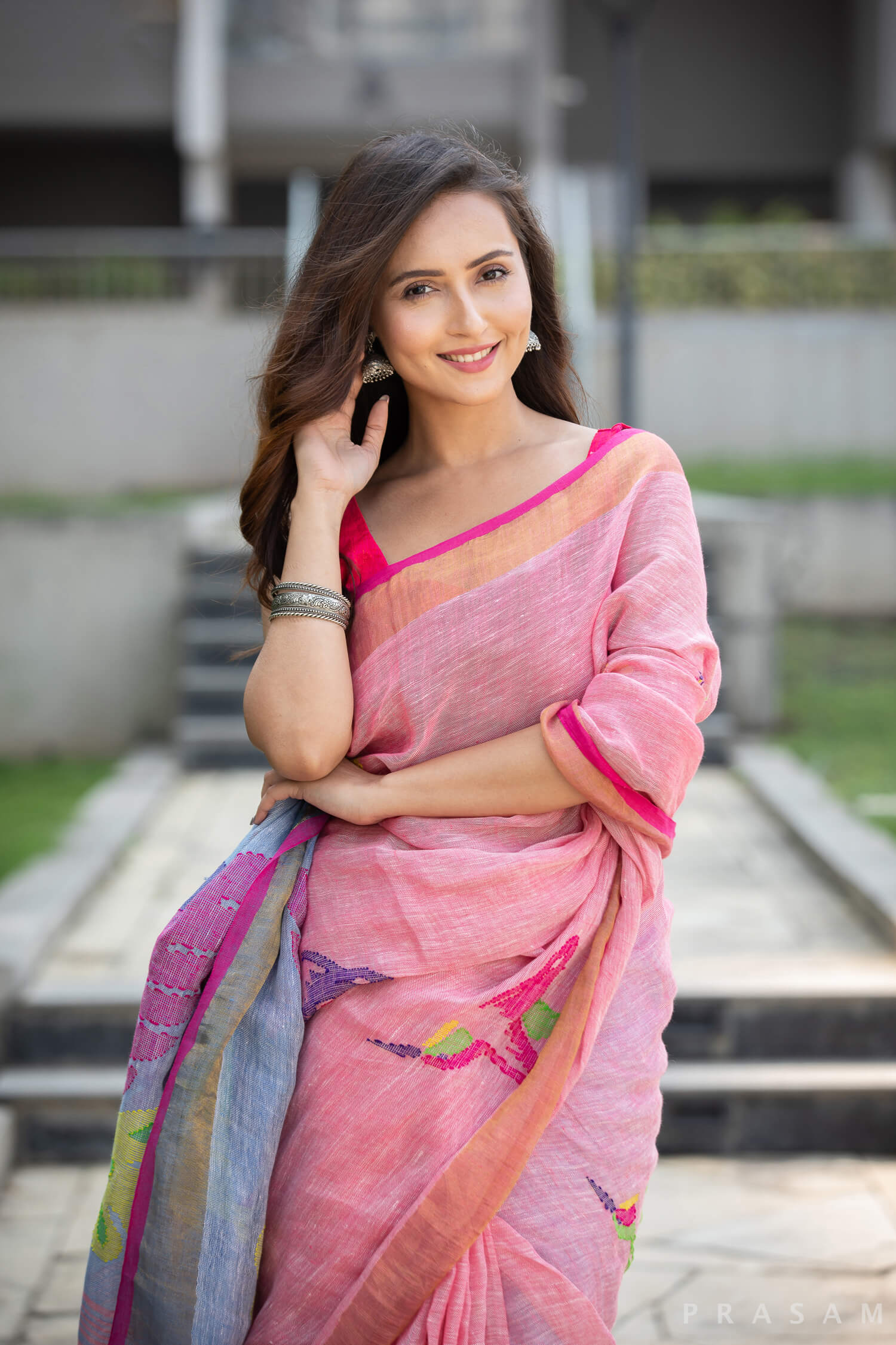 Serene Blush Linen Jamdani weave Handwoven Saree Prasamcrafts Handcrafted Festive Workwear Dailywear