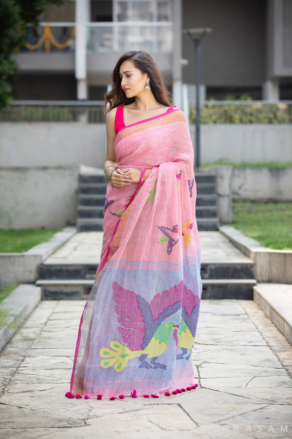 Serene Blush Linen Jamdani weave Handwoven Saree Prasamcrafts Handcrafted Festive Workwear Dailywear