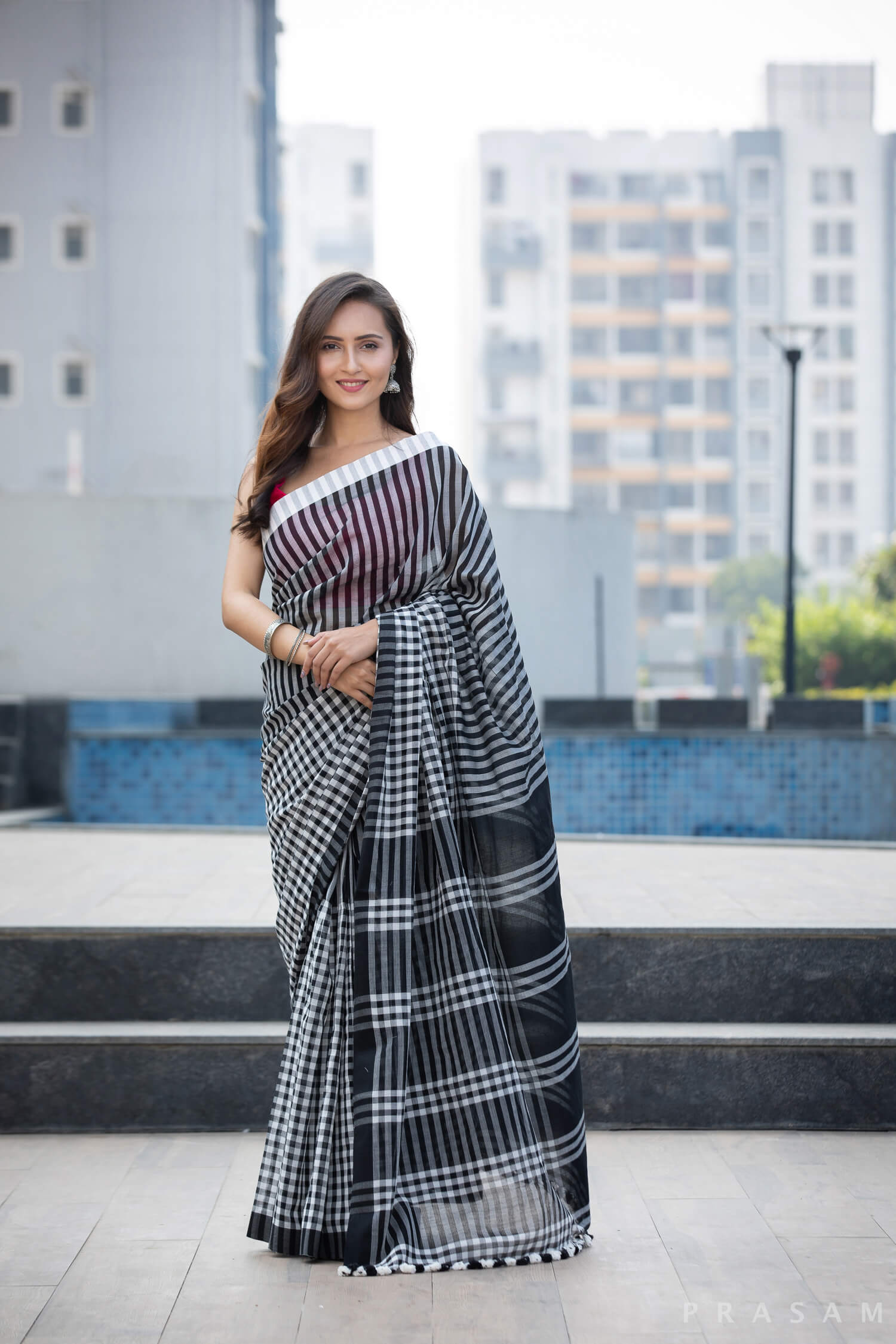 Serious Monochrome Cotton handblock print Saree Prasamcrafts Handcrafted Festive Workwear Dailywear