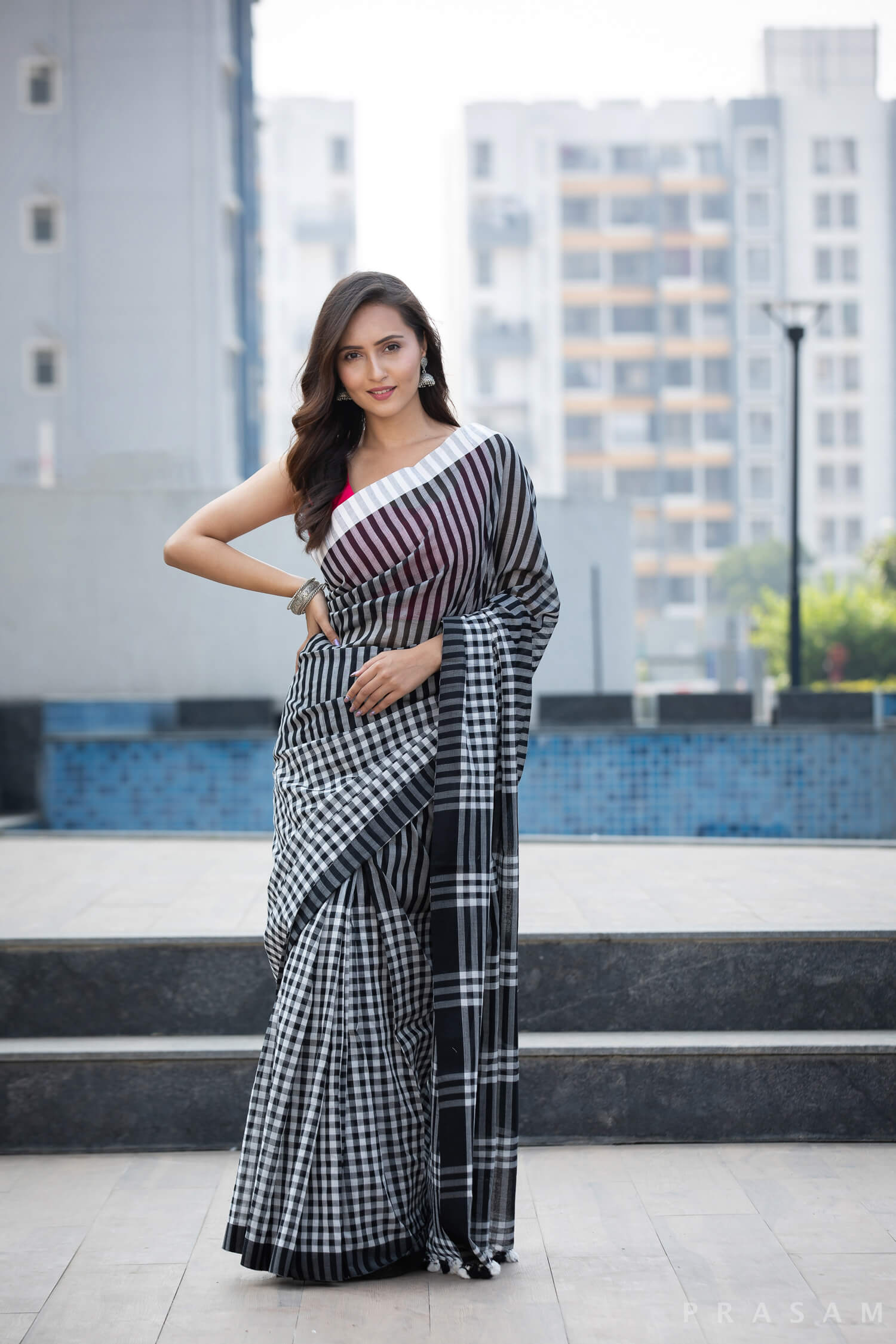 Serious Monochrome Cotton handblock print Saree Prasamcrafts Handcrafted Festive Workwear Dailywear