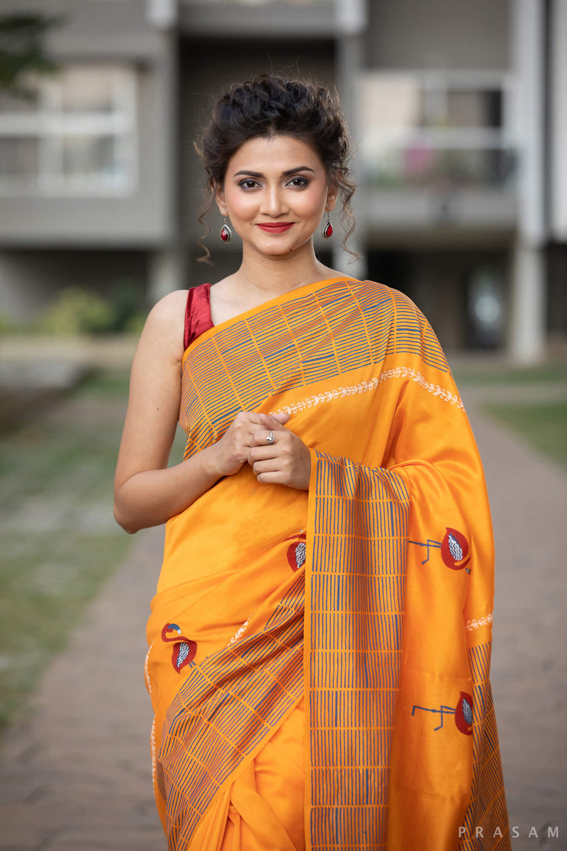 Tangerine Chanderi Handblock Print Saree Prasamcrafts Handcrafted Festive Workwear Dailywear
