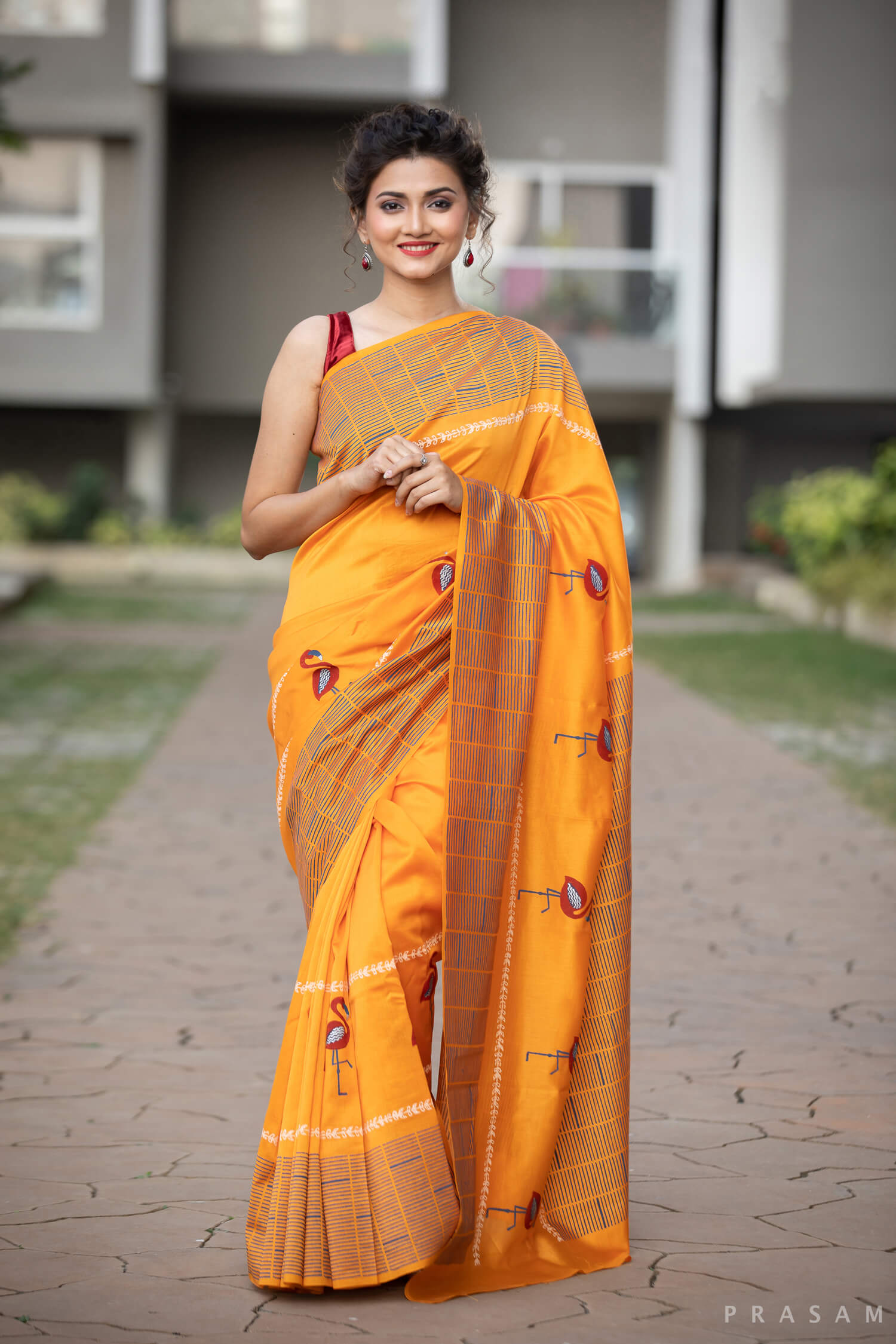 Tangerine Chanderi Handblock Print Saree Prasamcrafts Handcrafted Festive Workwear Dailywear