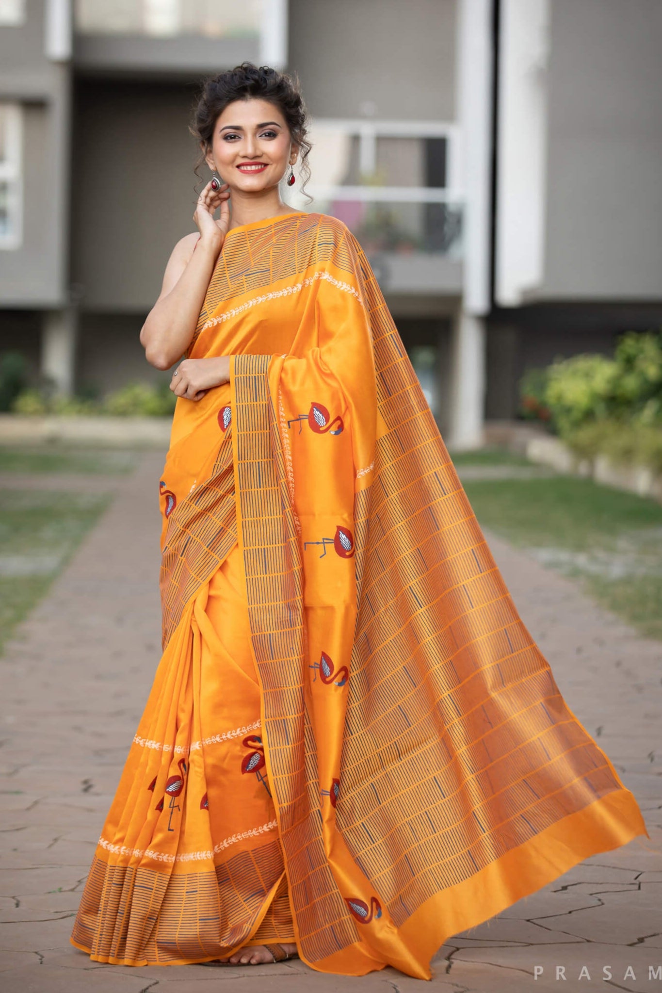 Tangerine Chanderi Handblock Print Saree Prasamcrafts Handcrafted Festive Workwear Dailywear