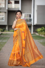 Tangerine Chanderi Handblock Print Saree Prasamcrafts Handcrafted Festive Workwear Dailywear