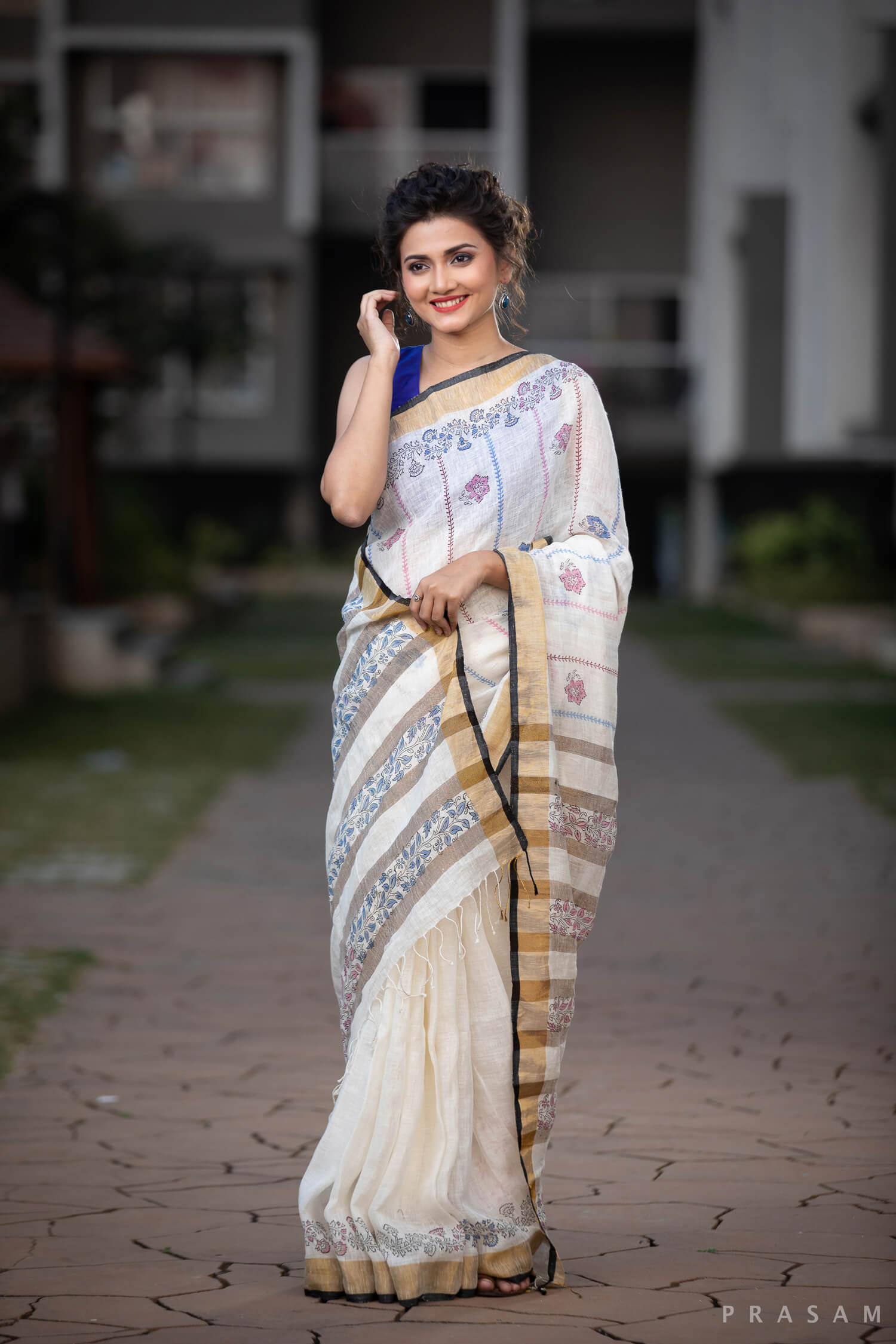 Tasteful Trail, handwoven linen saree, hand block print saree, Indian ethnic wear, exquisite saree, elegant attire, rich heritage, Indian textiles