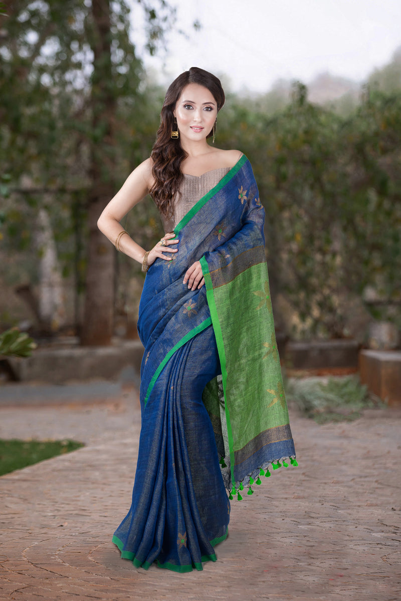 Blue Green Glimmer-Linen Handwoven saree Prasam Crafts