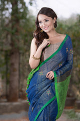 Blue Green Glimmer-Linen Handwoven saree Prasam Crafts