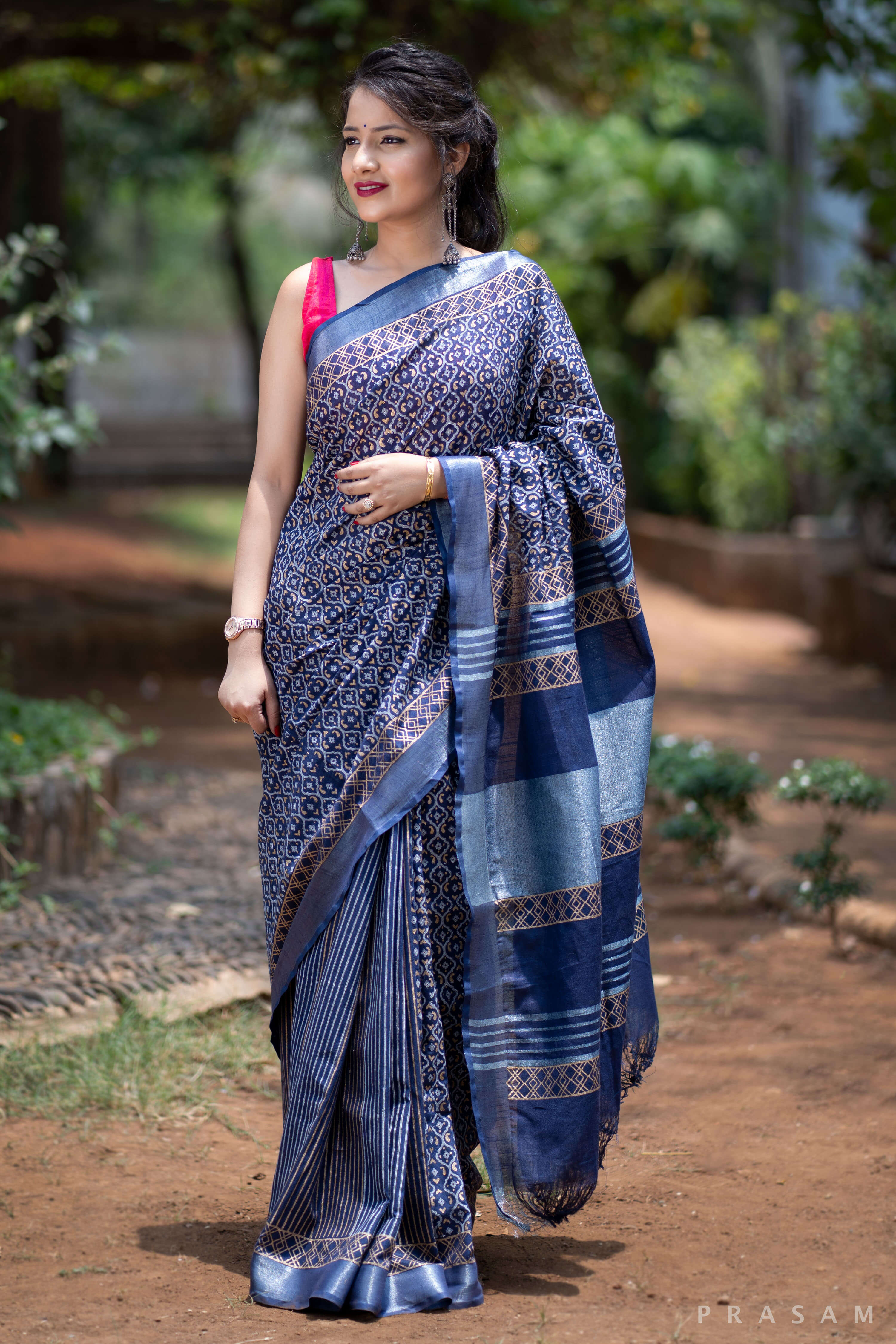 Patterned Gloam Cotton handblock print Saree Prasamcrafts Handcrafted Festive Workwear Dailywear