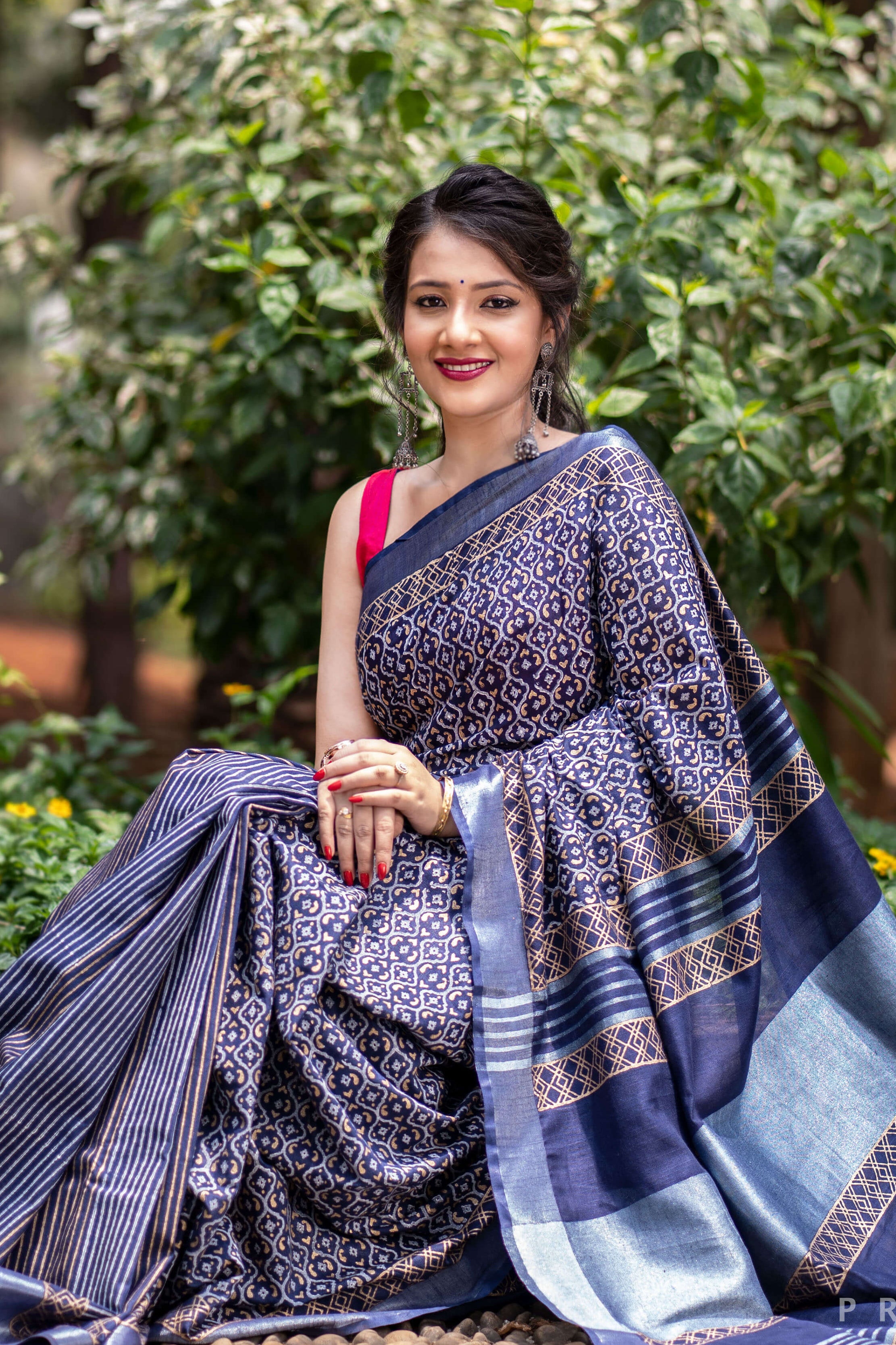 Patterned Gloam Cotton handblock print Saree Prasamcrafts Handcrafted Festive Workwear Dailywear