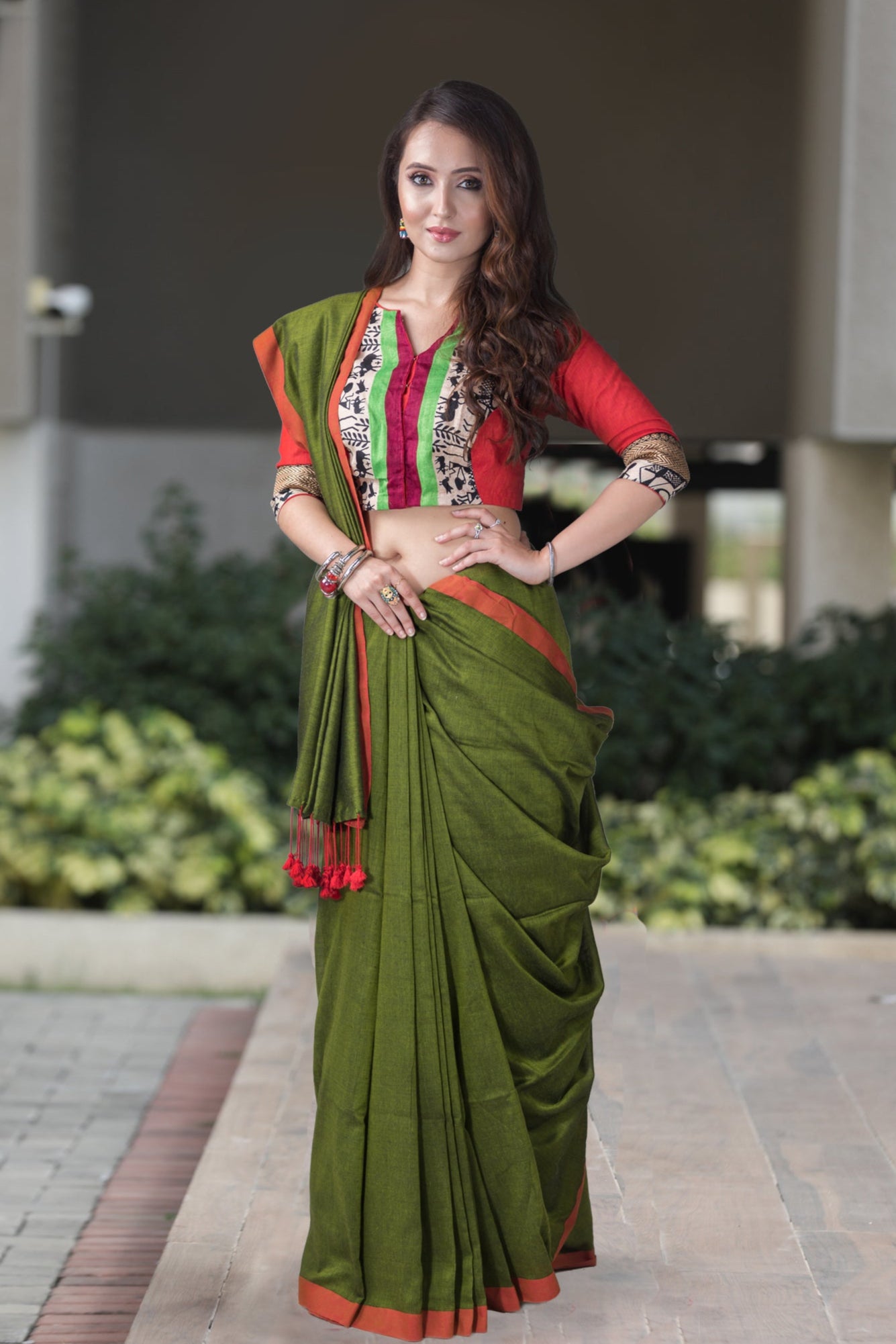 Red Green Harmony-Cotton Handwoven Saree PrasamCrafts