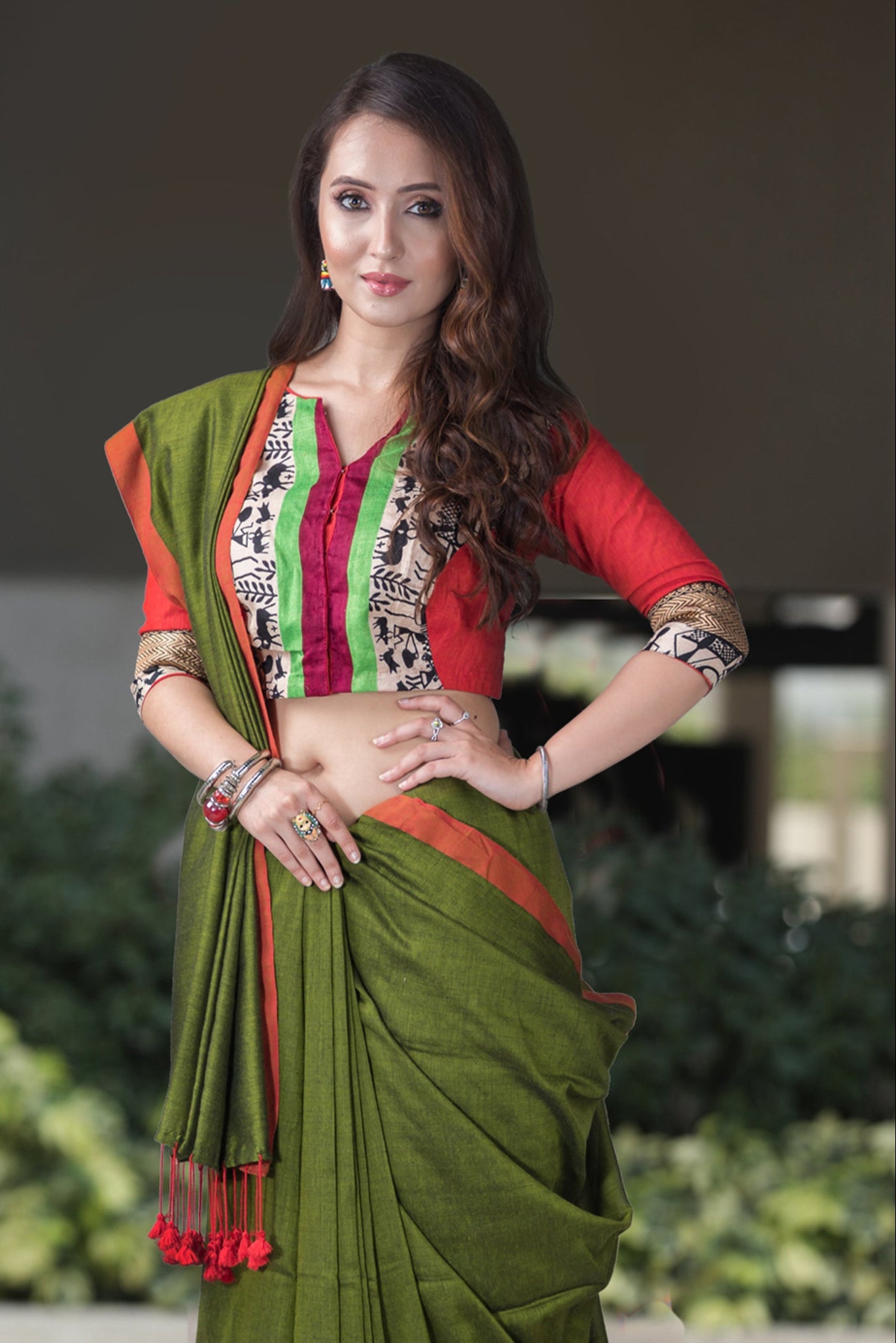 Red Green Harmony-Cotton Handwoven Saree PrasamCrafts