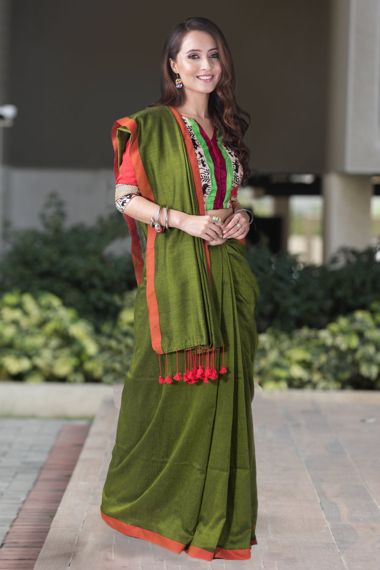 Red Green Harmony-Cotton Handwoven Saree PrasamCrafts