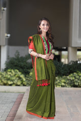 Red Green Harmony-Cotton Handwoven Saree PrasamCrafts